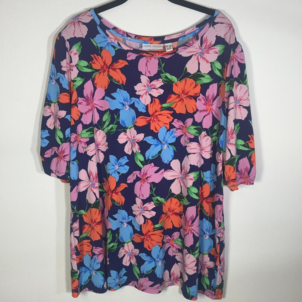 Susan Graver 1X Floral Liquid Knit Tunic Top Navy Pink Blue 3/4 Sleeve Stretch